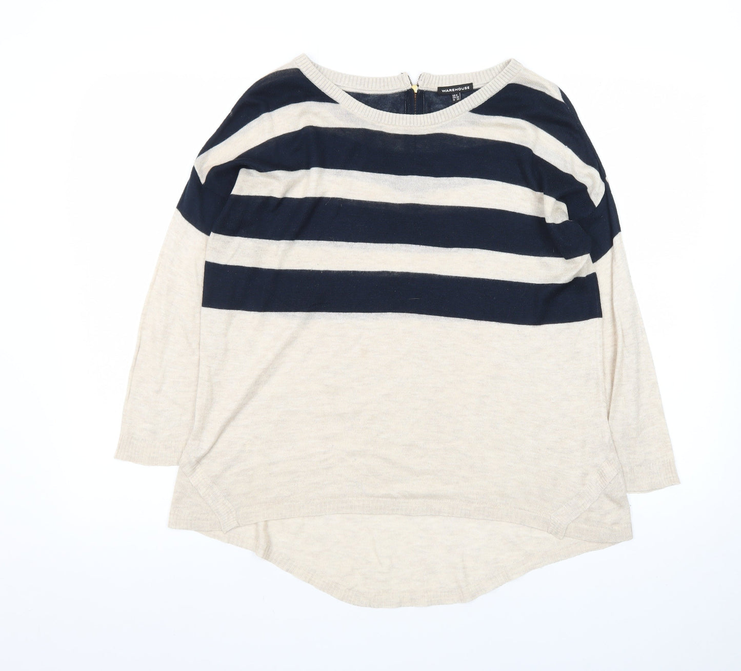 Warehouse Women Beige Navy Striped Jumper UK 8 3/4 Sleeve Boat Neck