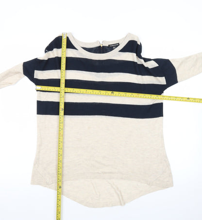 Warehouse Women Beige Navy Striped Jumper UK 8 3/4 Sleeve Boat Neck