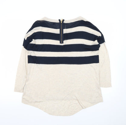 Warehouse Women Beige Navy Striped Jumper UK 8 3/4 Sleeve Boat Neck