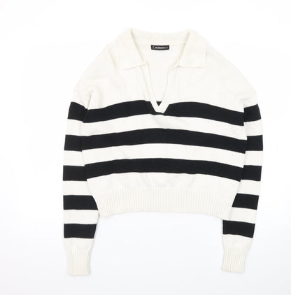 MUNDIDO Women's Black White Striped Collared V-Neck Pullover Jumper XS