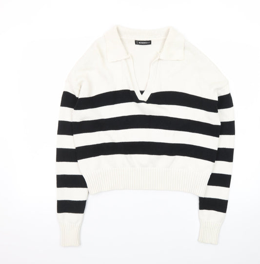 MUNDIDO Women's Black White Striped Collared V-Neck Pullover Jumper XS