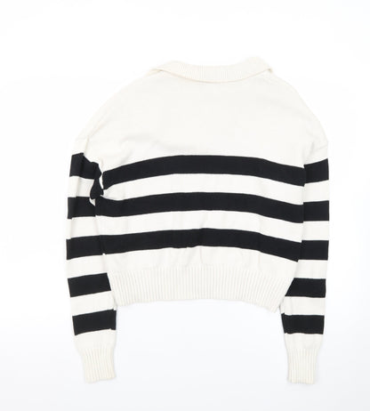 MUNDIDO Women's Black White Striped Collared V-Neck Pullover Jumper XS