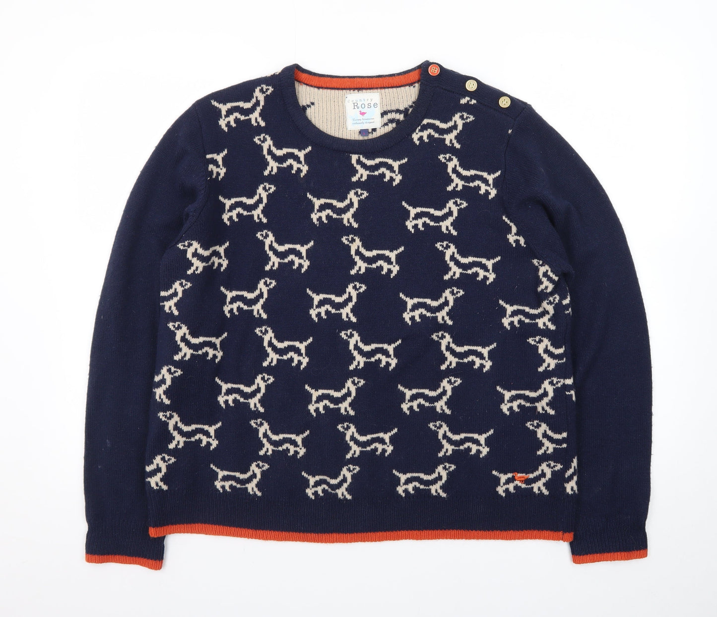 Country Rose Women Navy Dog Pattern Crew Neck Jumper Size L