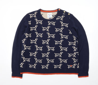 Country Rose Women Navy Dog Pattern Crew Neck Jumper Size L