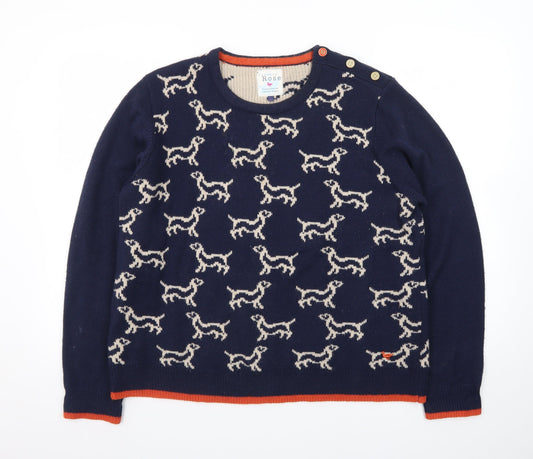 Country Rose Women Navy Dog Pattern Crew Neck Jumper Size L