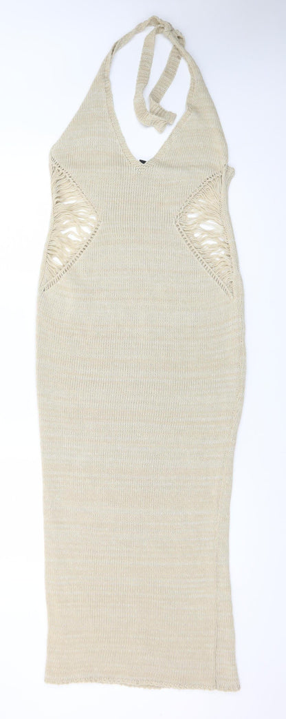PrettyLittleThing Women Beige Halter Bodycon Knit Midi Dress S