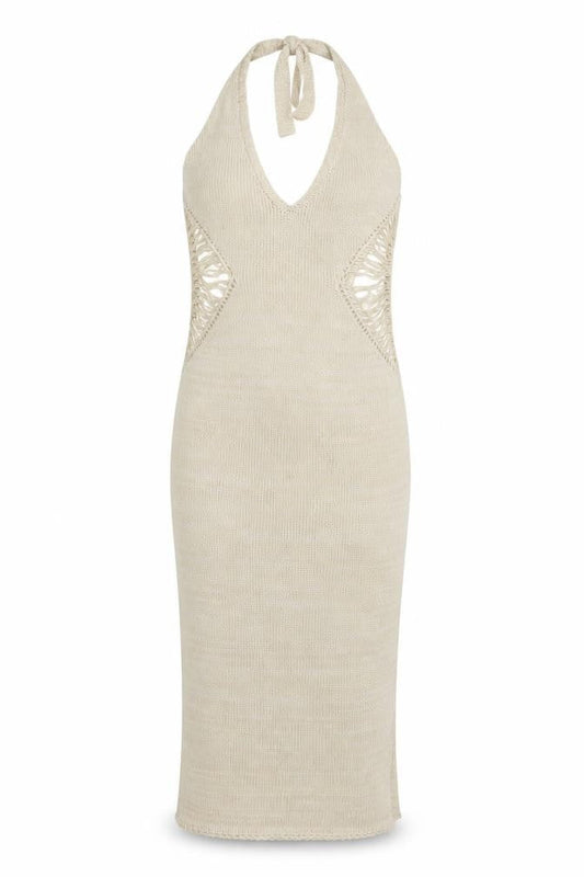 PRETTYLITTLETHING Women Beige Halter Bodycon Knit Midi Dress S