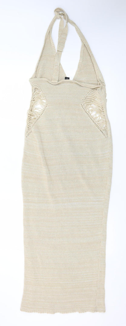 PrettyLittleThing Women Beige Halter Bodycon Knit Midi Dress S