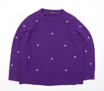 Bonmarché Women's Purple Beaded Knit Jumper Size 20 Crew Neck