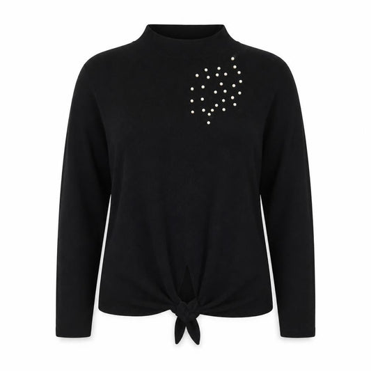 Zara Women Black Mock Neck Beaded Tie Hem Jumper XL