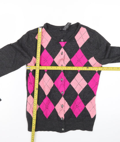 New York & Company Women's Grey Pink Argyle Cardigan S