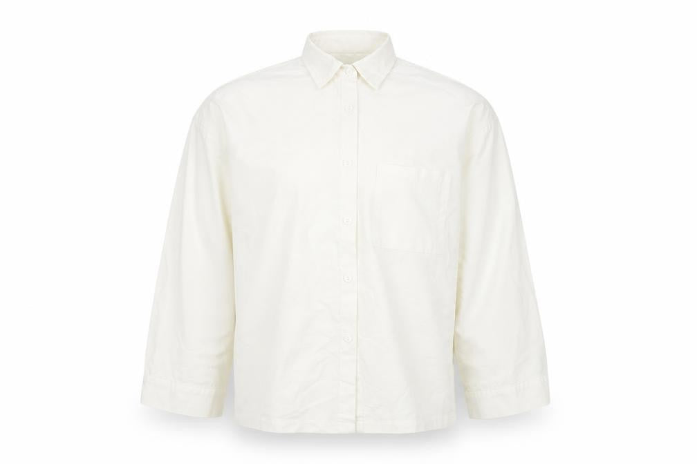 Front view of PRETTYLITTLETHING unisex white long sleeve cotton button-up shirt xs