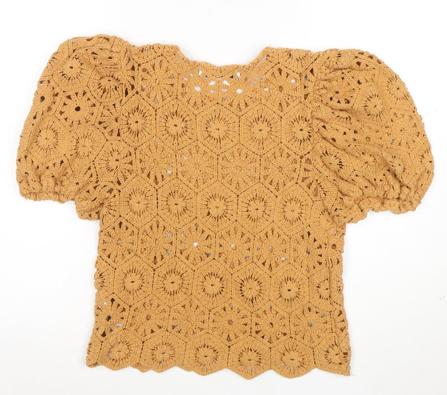ZARA Women Brown Crochet Puff Sleeve Pullover Jumper L