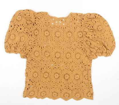 ZARA Women Brown Crochet Puff Sleeve Pullover Jumper L