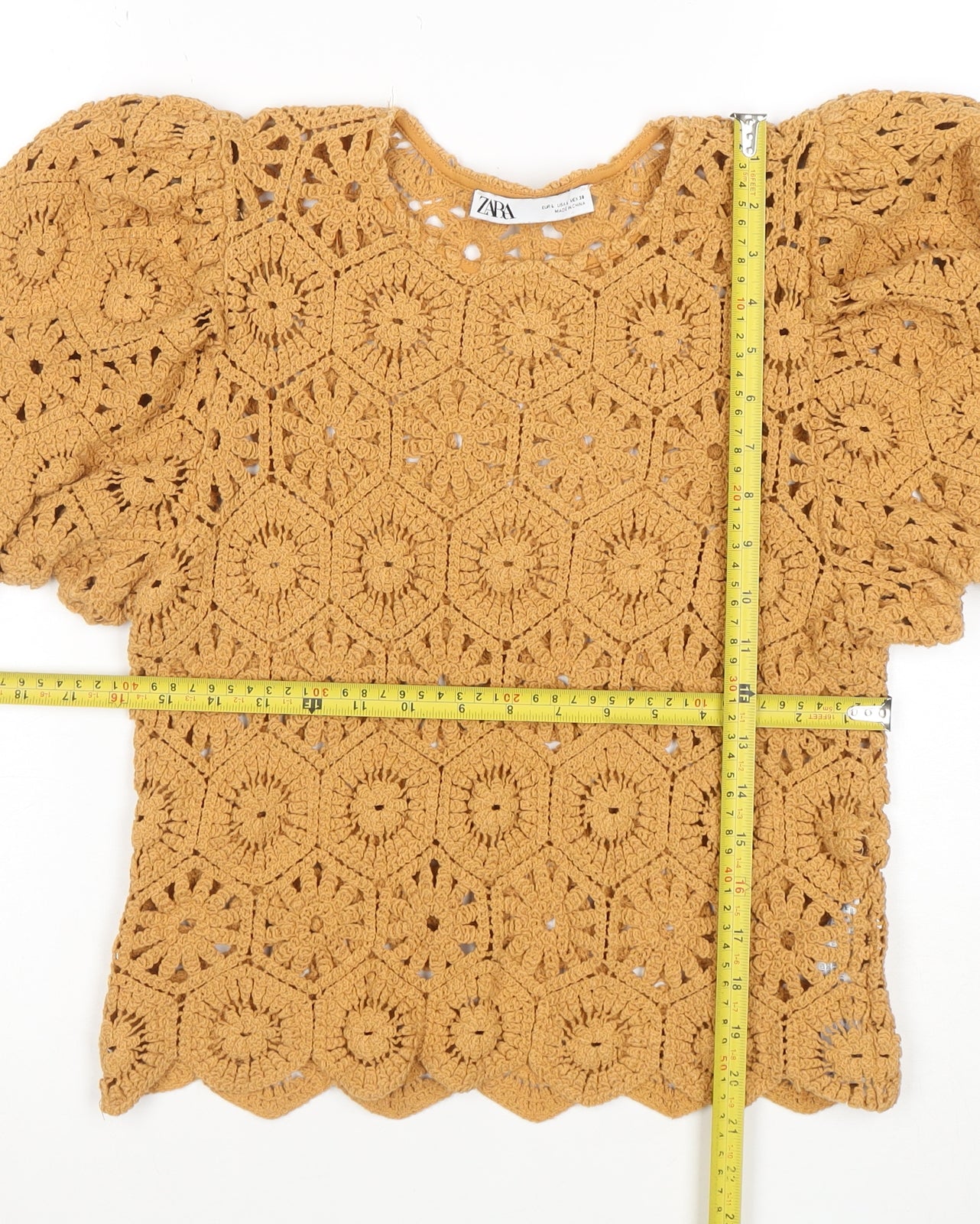 ZARA Women Brown Crochet Puff Sleeve Pullover Jumper L