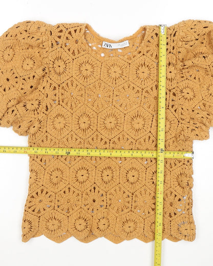 ZARA Women Brown Crochet Puff Sleeve Pullover Jumper L