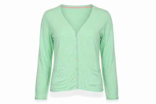 Front view of Miss Selfridge Women’s Green Linen V-Neck Cardigan, size UK 12