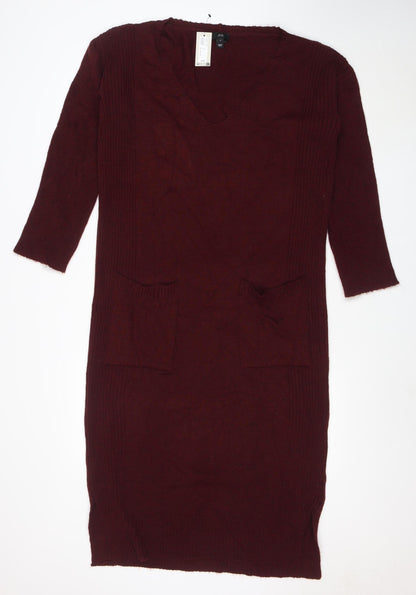 River Island Women Red Knit Jumper Dress Size S Long Sleeve V-Neck
