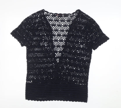Northern Reflections Womens Black Crochet Cotton Short Sleeve Blouse S