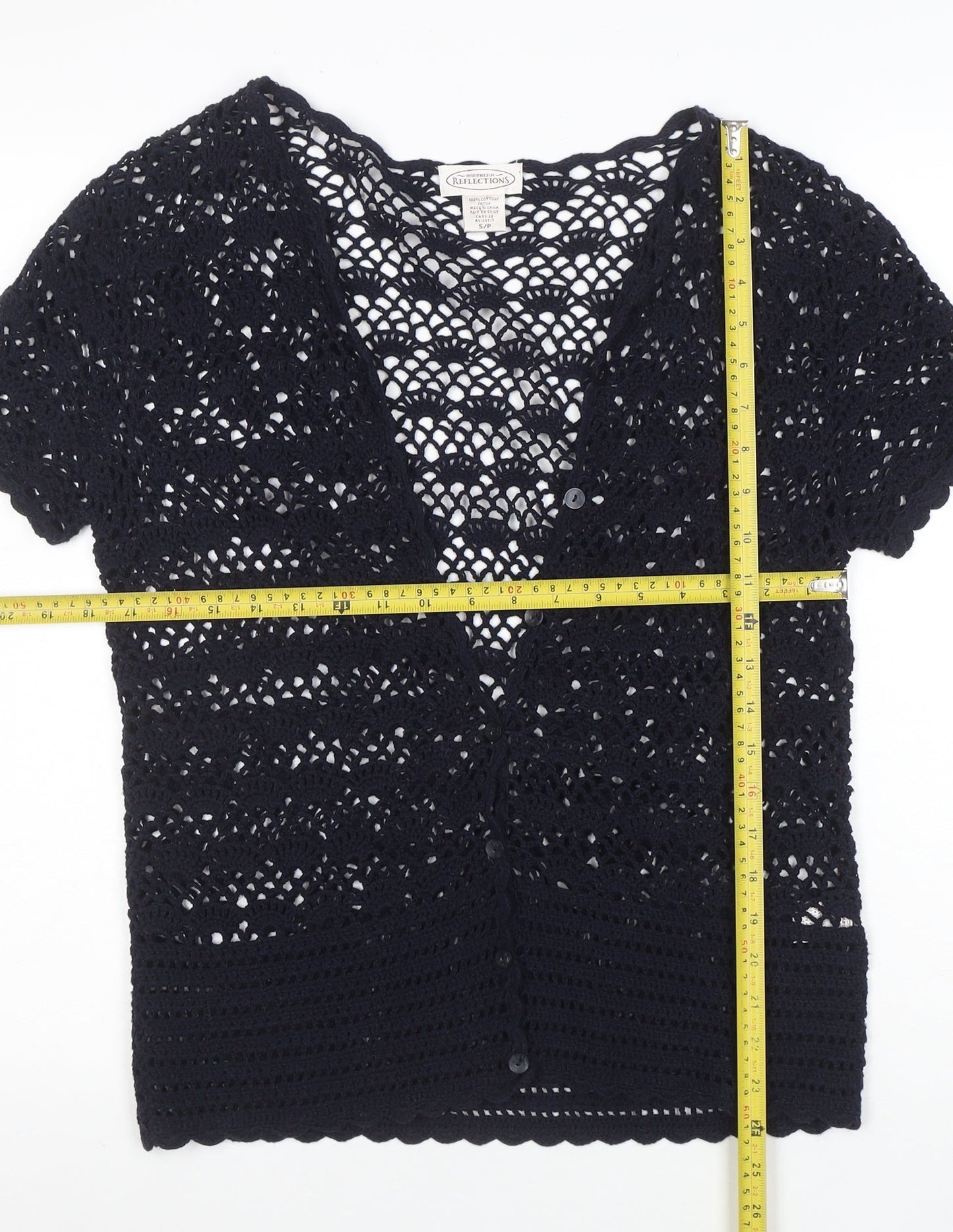 Northern Reflections Womens Black Crochet Cotton Short Sleeve Blouse S