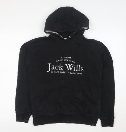 Jack Wills Boys Black Pullover Hoodie 14-15 Years Cotton Blend Logo