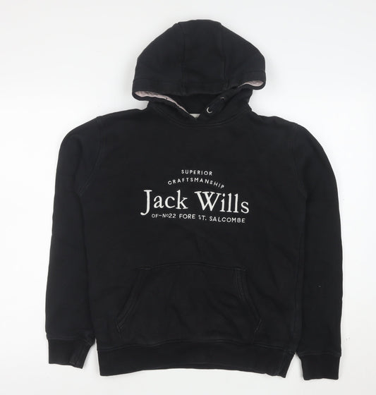 Jack Wills Boys Black Pullover Hoodie 14-15 Years Cotton Blend Logo