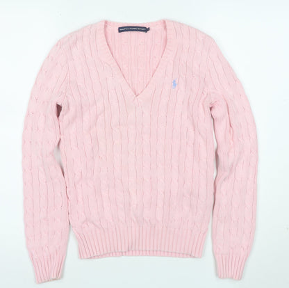 Ralph Lauren Sport Women's Pink Cotton V-Neck Cable Knit Jumper M