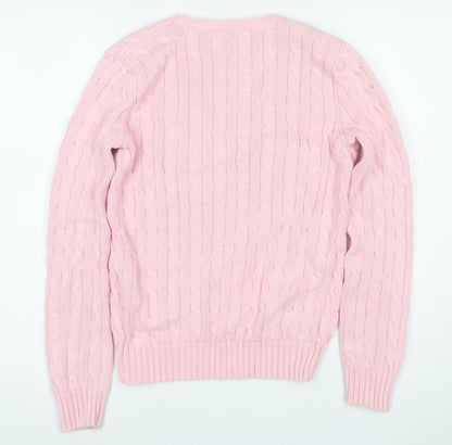 Ralph Lauren Sport Women's Pink Cotton V-Neck Cable Knit Jumper M