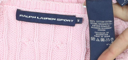 Ralph Lauren Sport Women's Pink Cotton V-Neck Cable Knit Jumper M