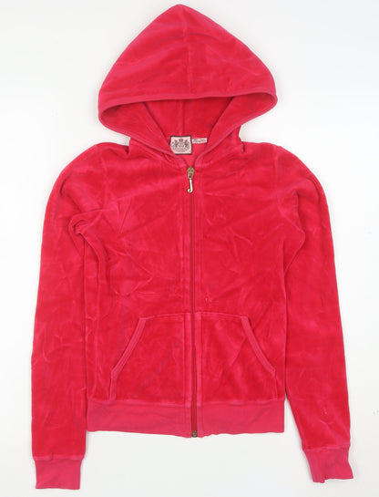 Juicy Couture Women Red Velour Full Zip Hoodie Size XS Relaxed Fit