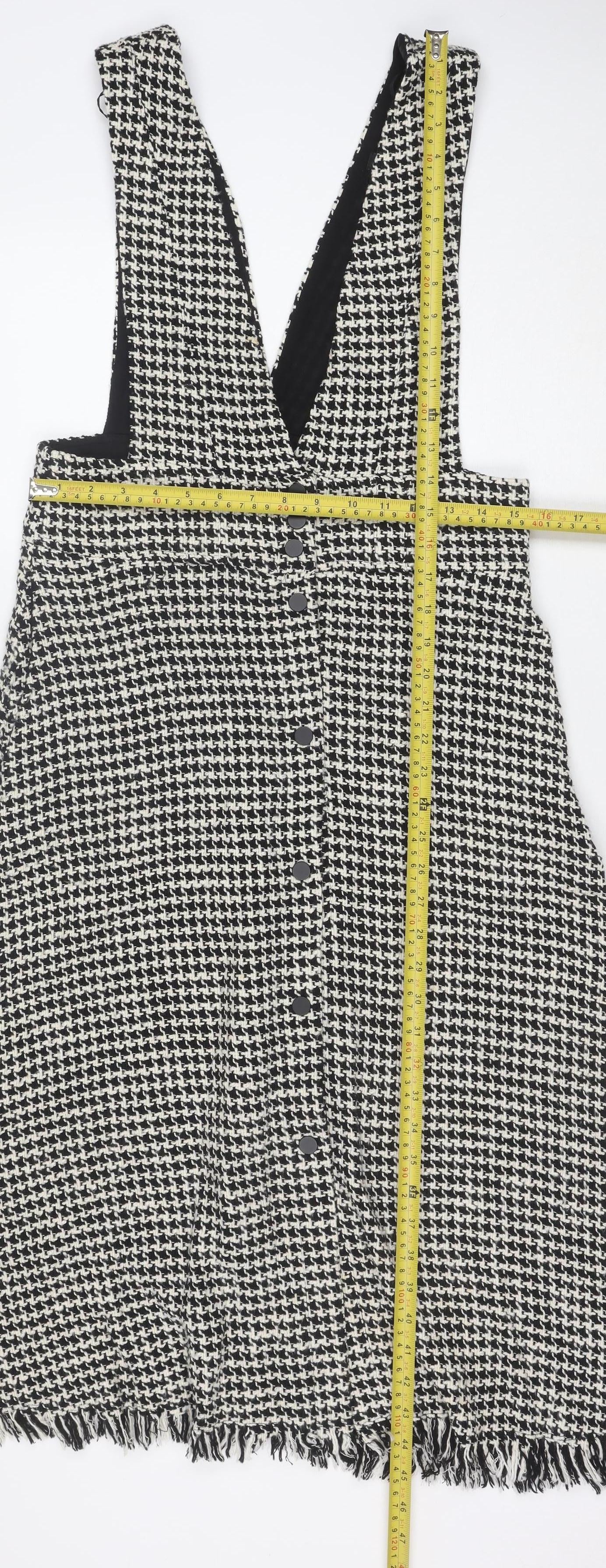 ZARA Women’s Black Houndstooth Pinafore Dress M Wool Tweed