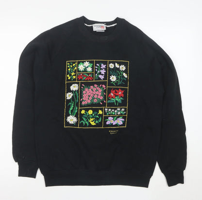 Morning Sun Unisex Black L Pullover Floral Embroidered Sweatshirt