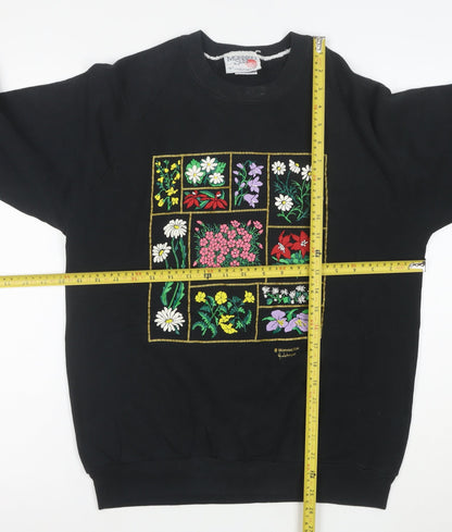 Morning Sun Unisex Black L Pullover Floral Embroidered Sweatshirt