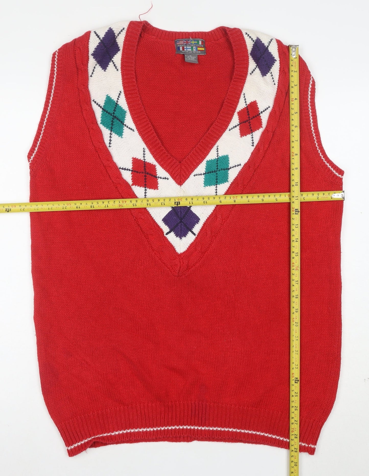 Paris Sport Club Women's Red Argyle Knit V-Neck Sleeveless Vest M