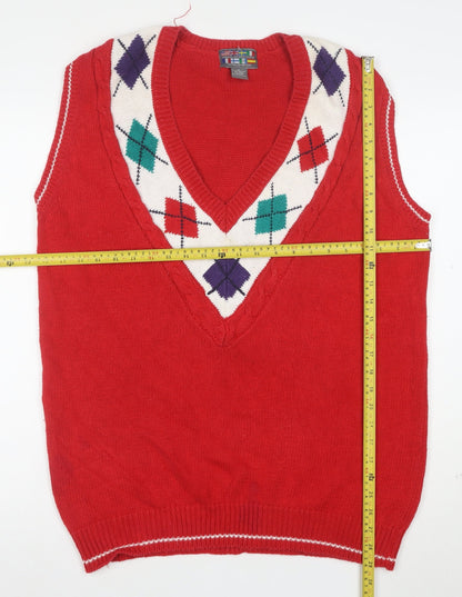 Paris Sport Club Women's Red Argyle Knit V-Neck Sleeveless Vest M