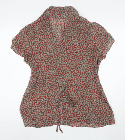Per Una Women Red Floral Short Sleeve Collared Viscose Tunic Blouse Size 20