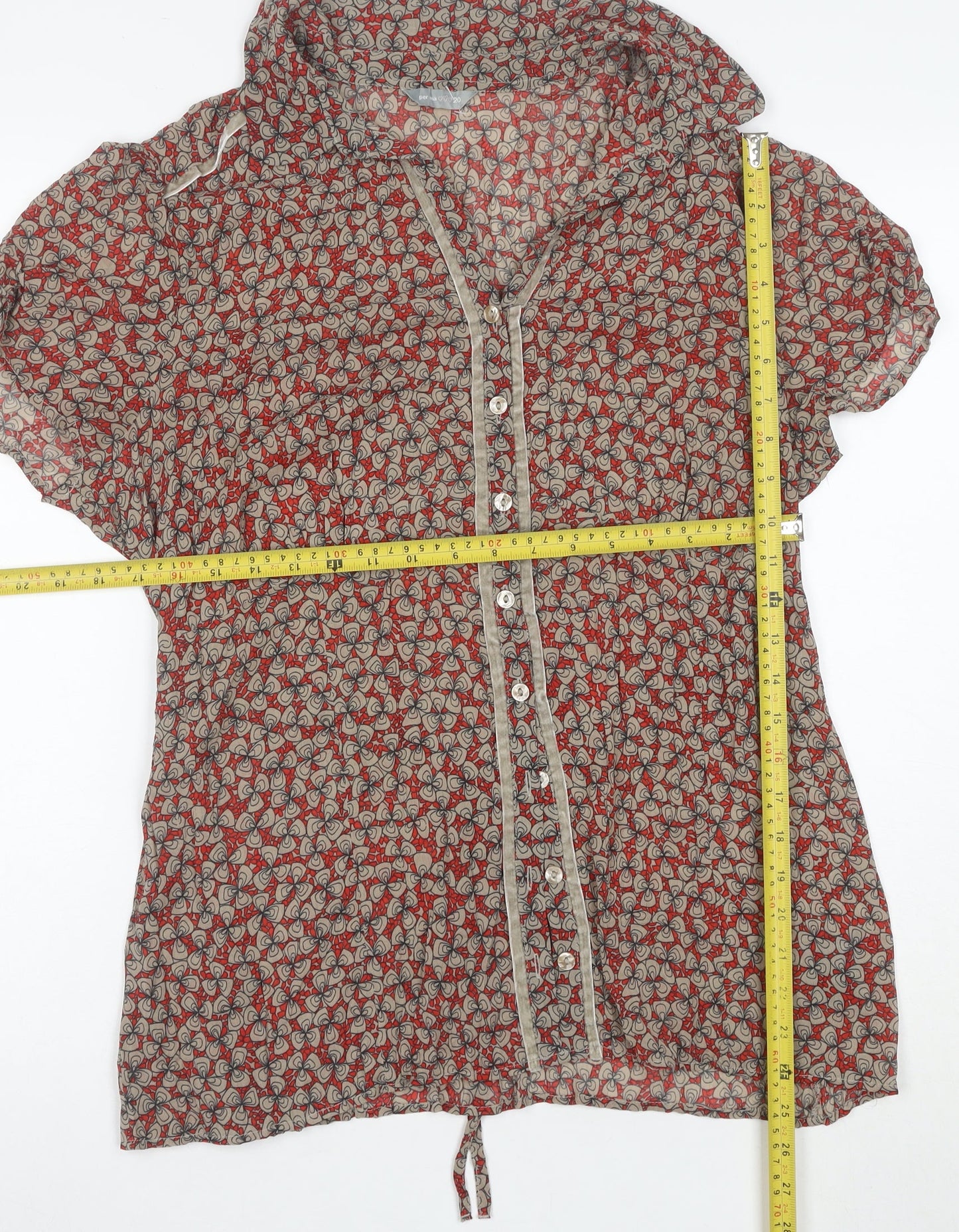 Per Una Women Red Floral Short Sleeve Collared Viscose Tunic Blouse Size 20