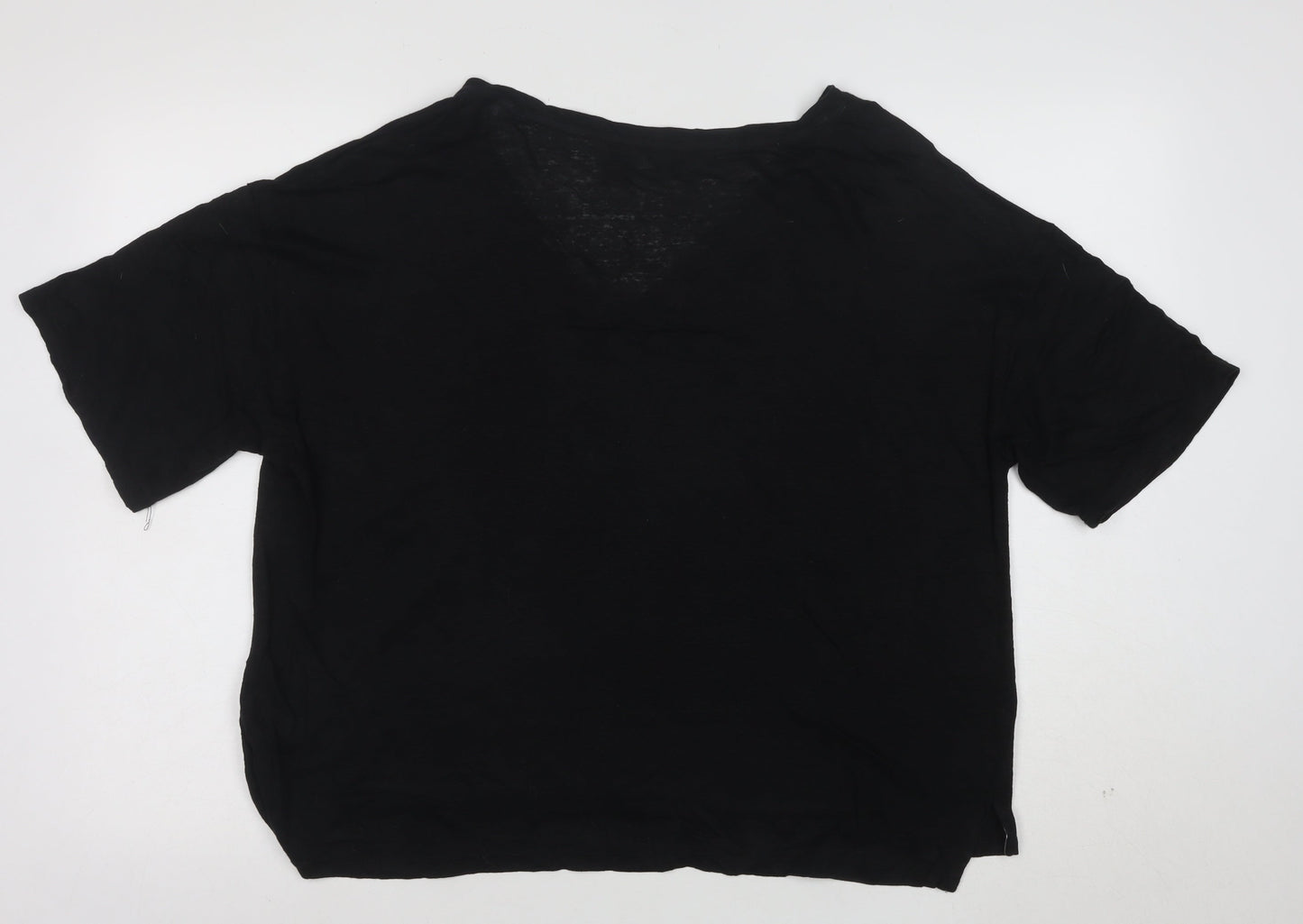 Tahari Women’s Black Linen V-Neck Short Sleeve Relaxed Fit T-Shirt Size L
