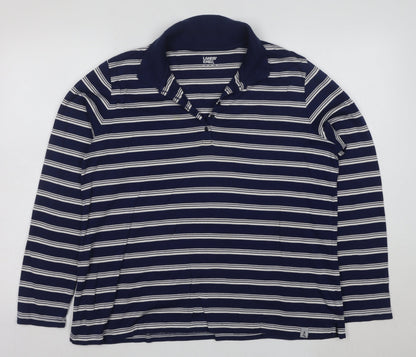 Lands' End Men's Blue Striped Long Sleeve Cotton Polo Shirt L
