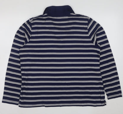 Lands' End Men's Blue Striped Long Sleeve Cotton Polo Shirt L