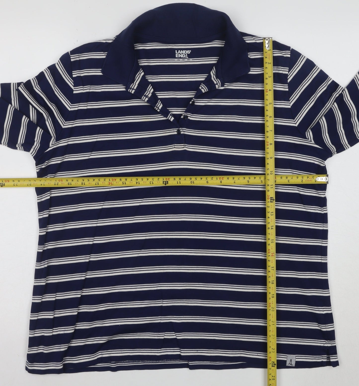 Lands' End Men's Blue Striped Long Sleeve Cotton Polo Shirt L
