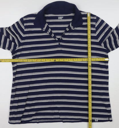 Lands' End Men's Blue Striped Long Sleeve Cotton Polo Shirt L