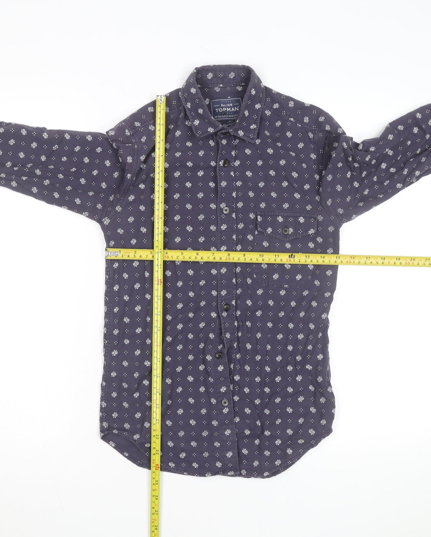 Topman Men's Blue Floral Classic Fit Long Sleeve Cotton Shirt XXS
