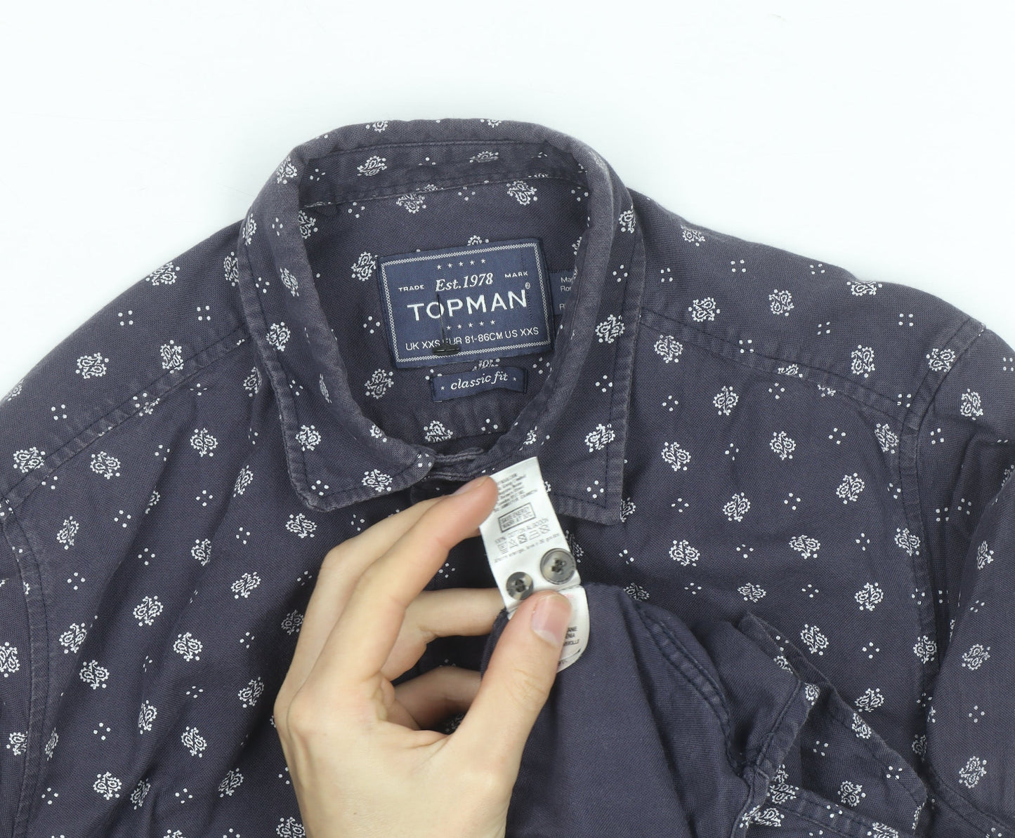 Topman Men's Blue Floral Classic Fit Long Sleeve Cotton Shirt XXS