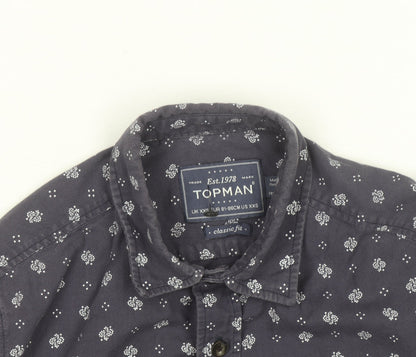 Topman Men's Blue Floral Classic Fit Long Sleeve Cotton Shirt XXS