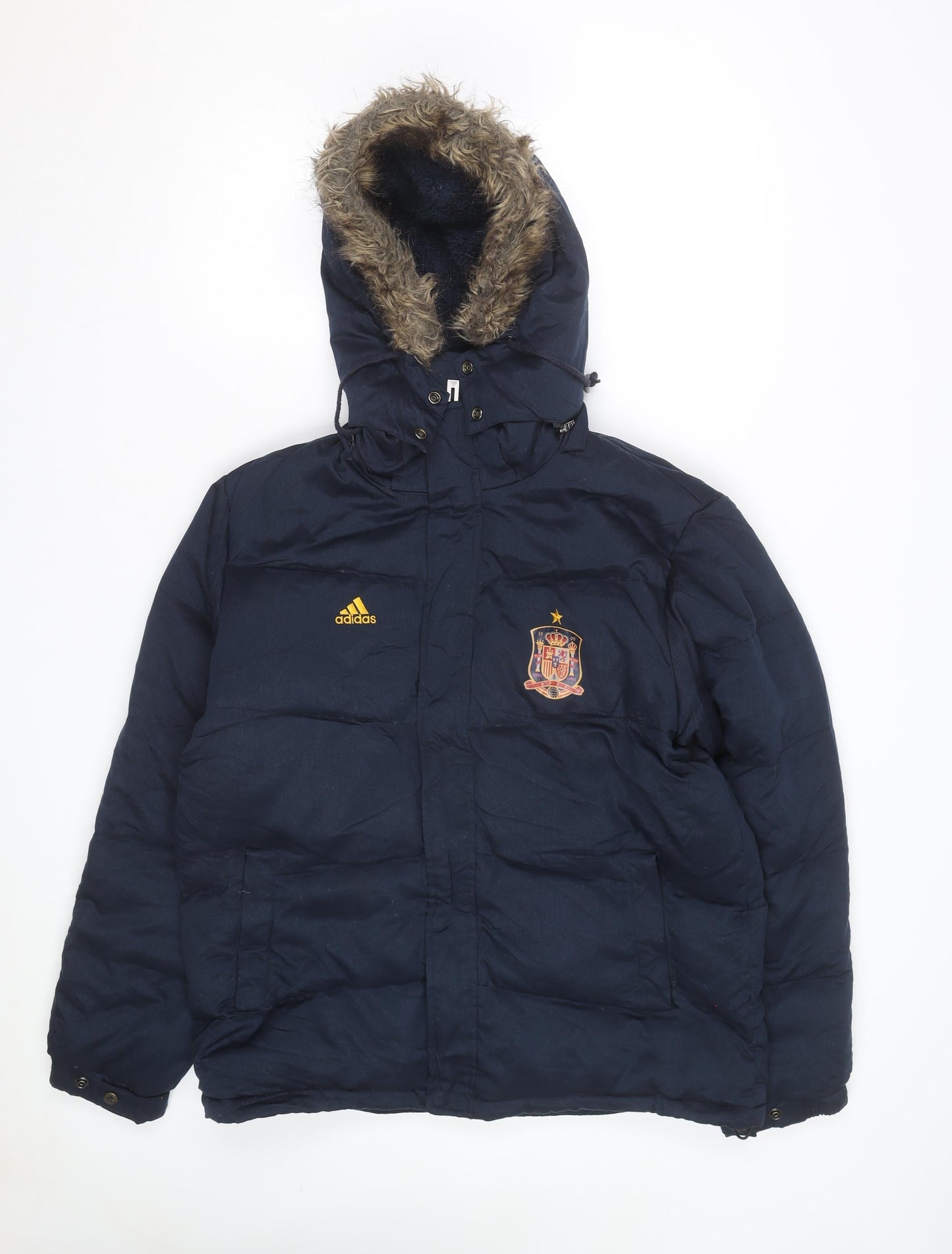 Adidas Men’s Blue Puffer Jacket L Hooded Spain Football Winter Coat