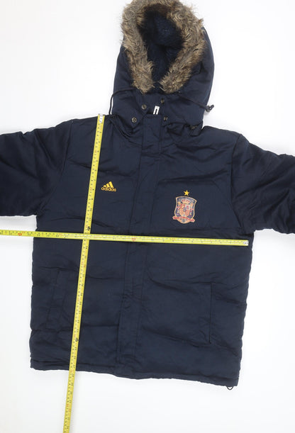 Adidas Men’s Blue Puffer Jacket L Hooded Spain Football Winter Coat