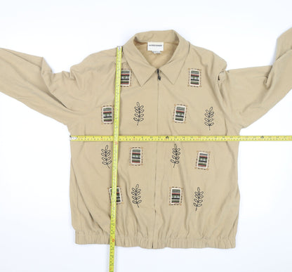 Alfred Dunner Womens Beige Embroidered Zip Jacket Size 12