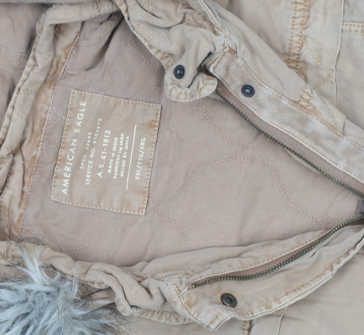American Eagle Men's Beige 2XL Parka Coat Hooded Faux Fur Trim Winter Jacket