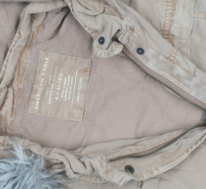 American Eagle Men's Beige 2XL Parka Coat Hooded Faux Fur Trim Winter Jacket